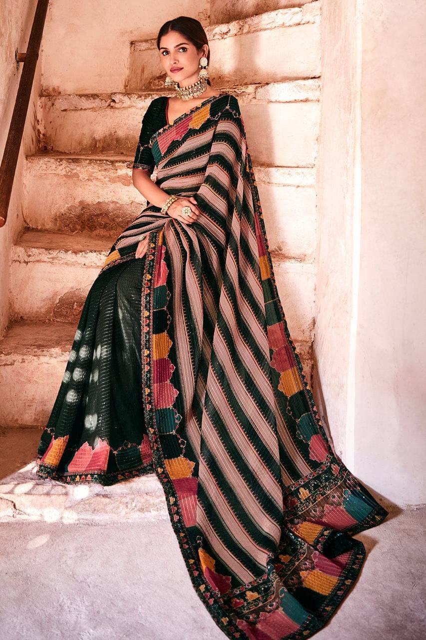 Stylish Embroidary And Sequence Worked Printed Saree With Beautiful Blouse