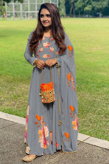 Latest Digital Flower Printed Full Stiched Gown With Moti Worked And Printed Beautiful Duppta