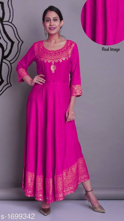Designer Heavy Reyon Gold Foil Printed Full Stiched Long Kurti