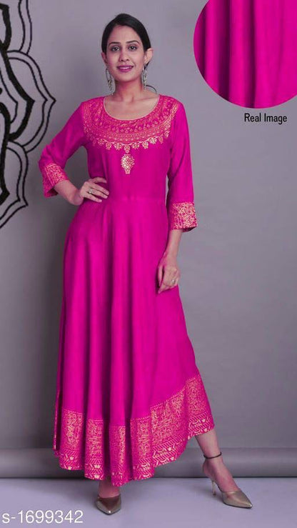 Designer Heavy Reyon Gold Foil Printed Full Stiched Long Kurti