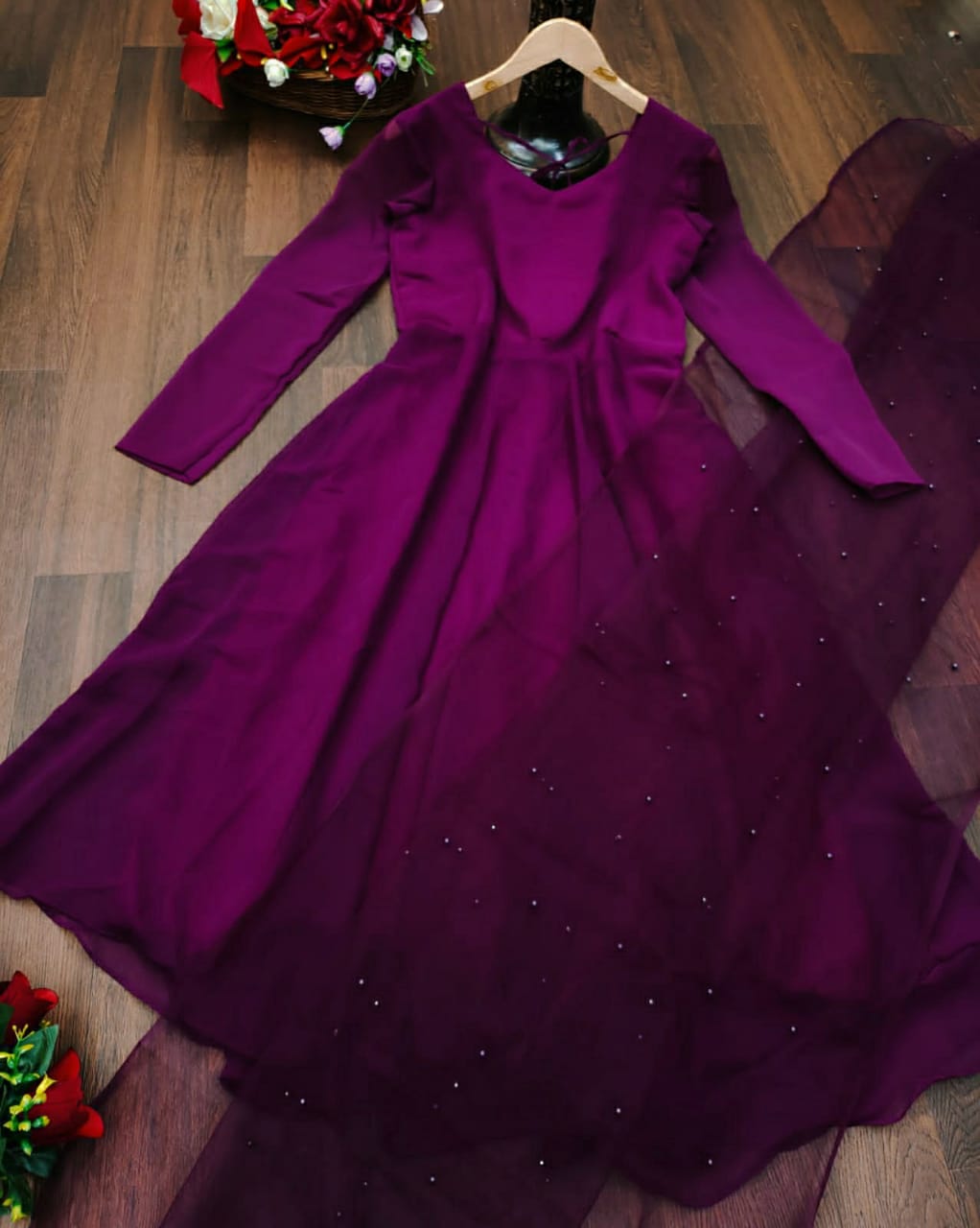 Glemorus Plain Full Stiched Kurti With Moti Worked Net Duppata