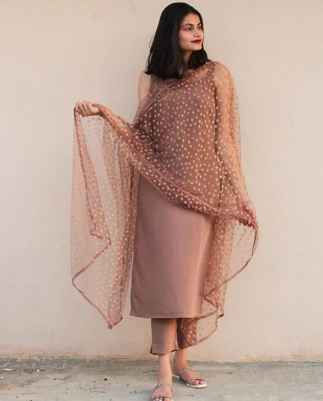 New Glemorus Beige Cotton Silk Full Stitched Salwar Suit With Printed Organza Beautiful Dupatta
