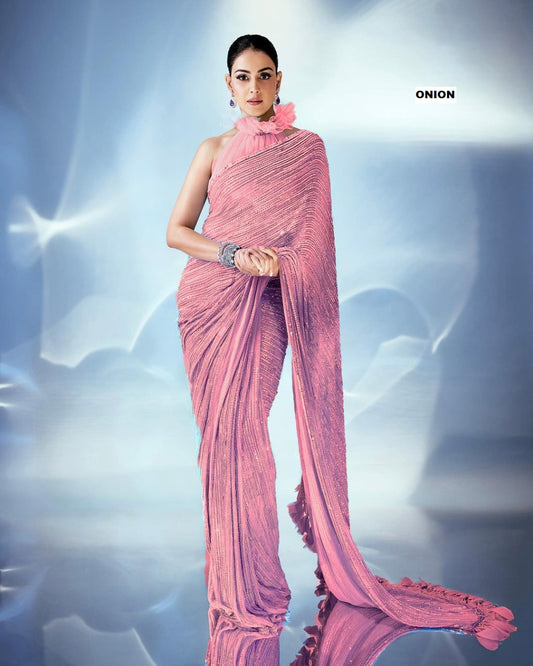 Sequence And Embroidery Worked Wedding Wear Soft Georgette Saree With Banglory Silk Blouse