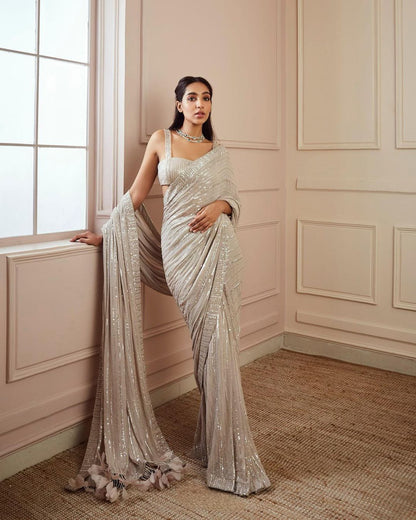 Trending Pista Colour Sequence Worked Wedding Wear Saree With Sequence Worked Blouse