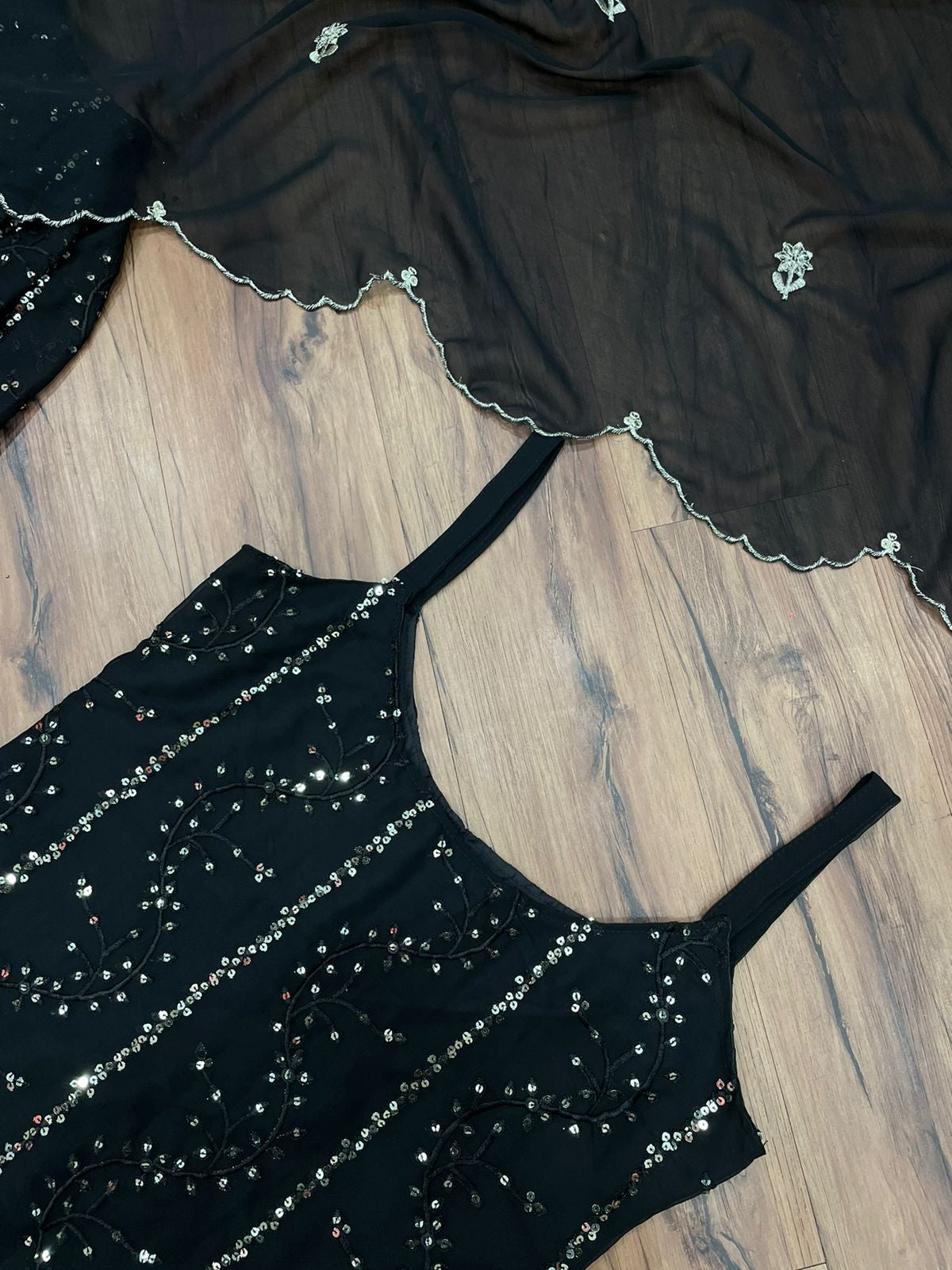 Black Colour Georgette Sequence Worked Full Stiched Designer Sharara Suit Collection