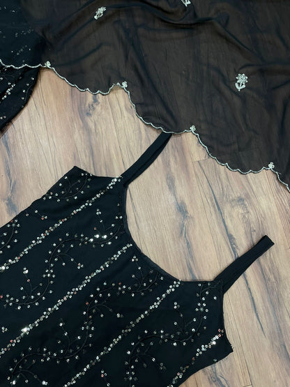 Black Colour Georgette Sequence Worked Full Stiched Designer Sharara Suit Collection