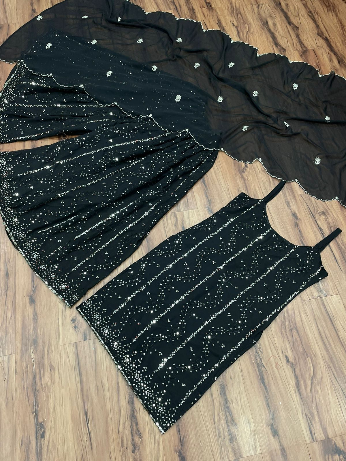 Black Colour Georgette Sequence Worked Full Stiched Designer Sharara Suit Collection