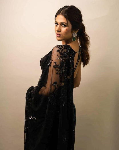 Bollywood Black Colour Designer Georgette Embroidery And Sequence Worked Saree With Sequence Worked Blouse