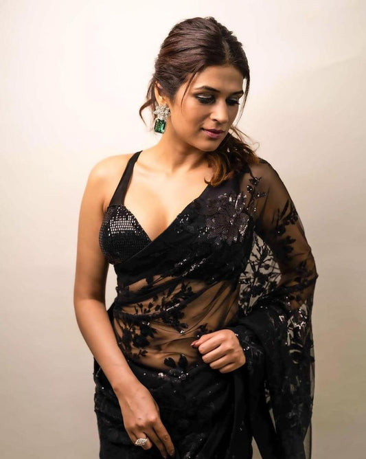 Bollywood Black Colour Designer Georgette Embroidery And Sequence Worked Saree With Sequence Worked Blouse