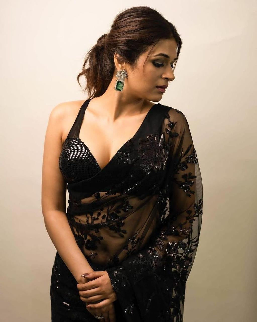 Bollywood Black Colour Designer Georgette Embroidery And Sequence Worked Saree With Sequence Worked Blouse