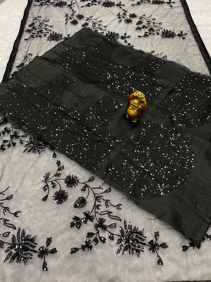 Bollywood Black Colour Designer Georgette Embroidery And Sequence Worked Saree With Sequence Worked Blouse