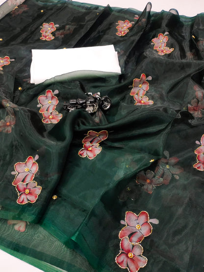 Hand Work Organza Silk Printed Saree With Plain Blouse
