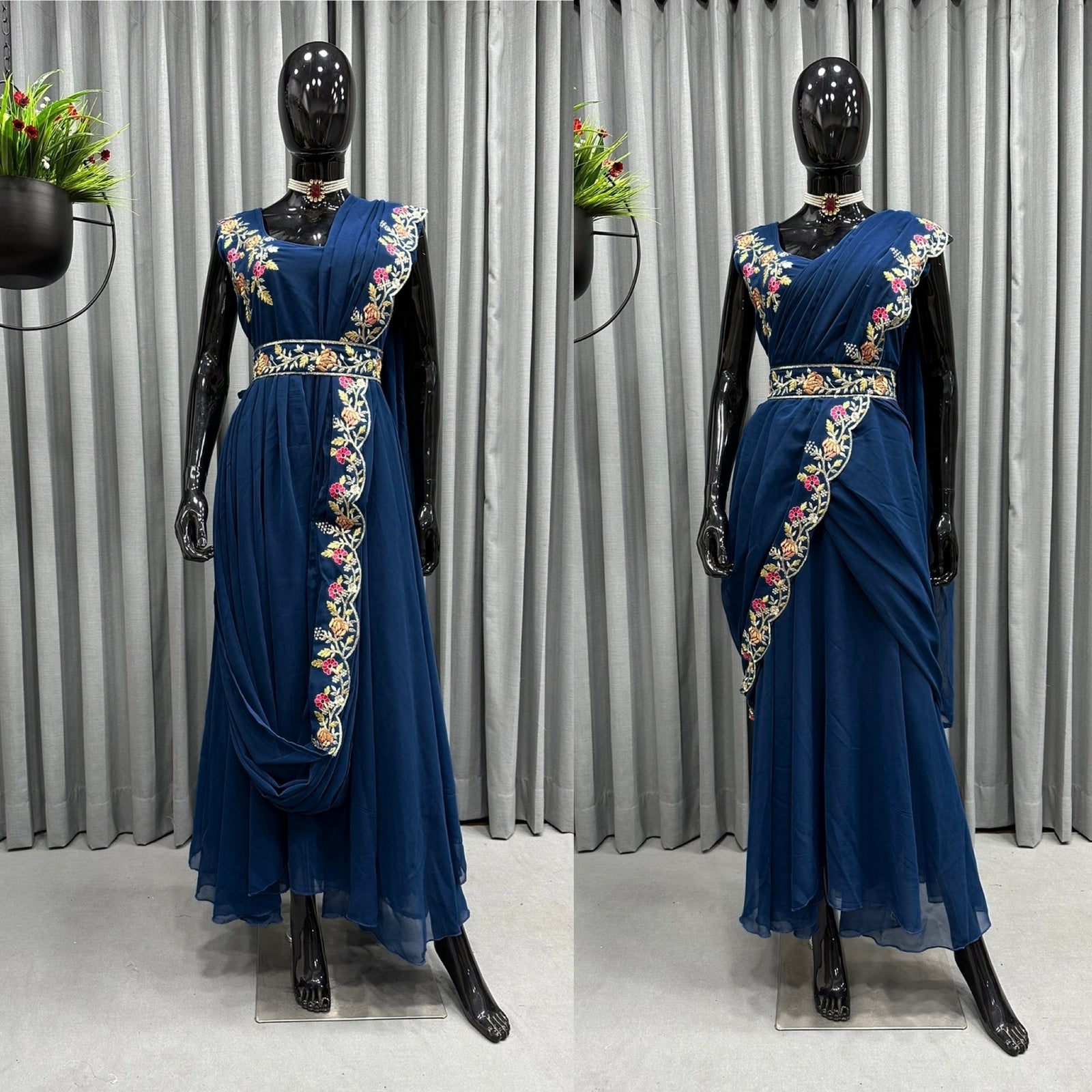 Samyukta Singhania Leaf Embroidered Saree Gown | Blue, Sequin, Dola, Round,  Half | Saree gown, Aza fashion, Saree gowns