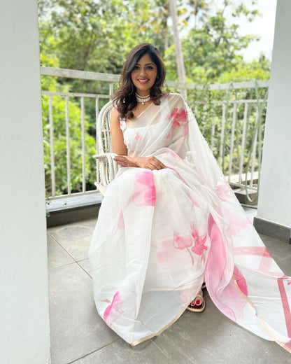 Attractive Organza Silk Foil Printed Party Wear Saree