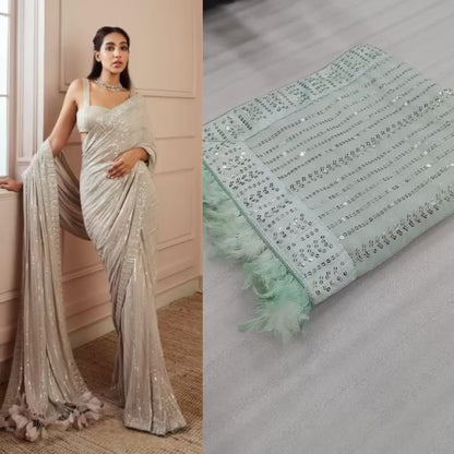 Trending Pista Colour Sequence Worked Wedding Wear Saree With Sequence Worked Blouse