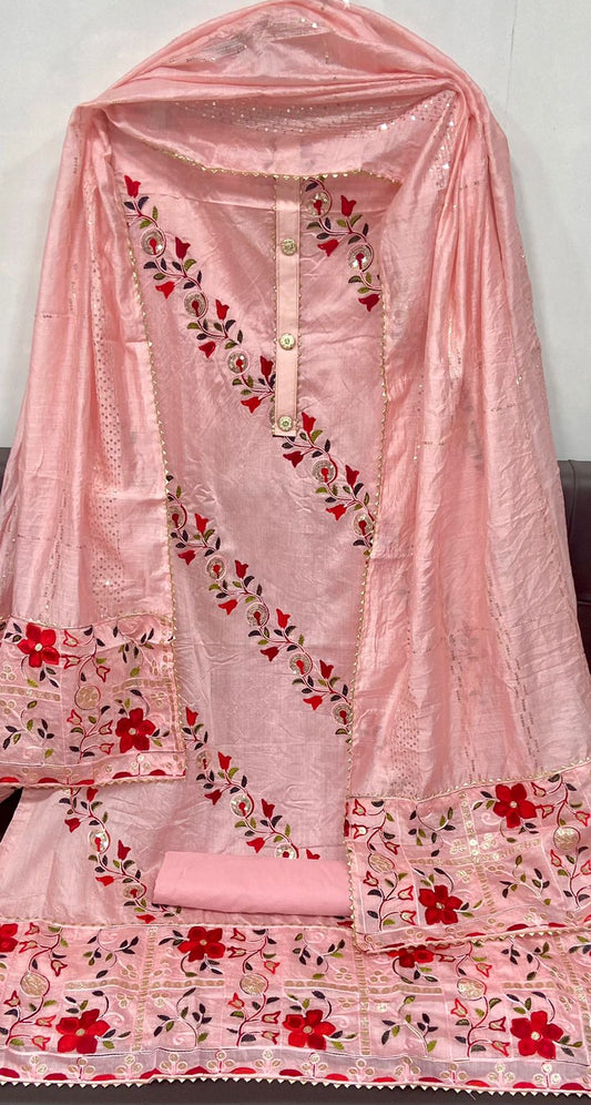Chanderi Silk Party Wear Embroidary Worked Unstiched Salwar Suit With Beautiful Embroidary Work Duppata