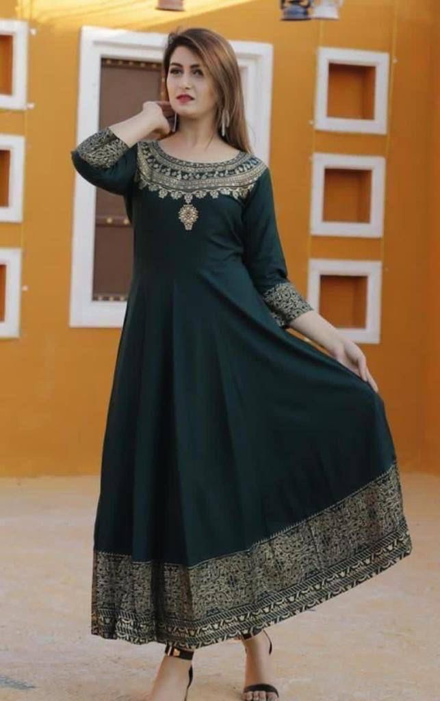 Designer Heavy Reyon Gold Foil Printed Full Stiched Long Kurti