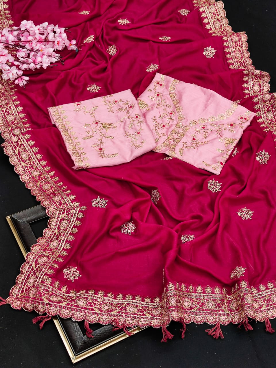 Pure Kashmiri Silk Saree With Heavy Embroidary Work N Cotton Silk Blouse With Embroidery Sequence Work