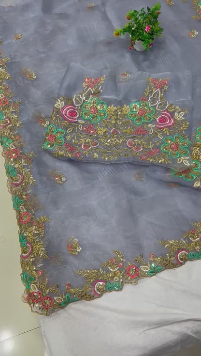 Soft Organza Silk Beautiful Embroidary Border Worked Saree With Embroidary Worked Blouse