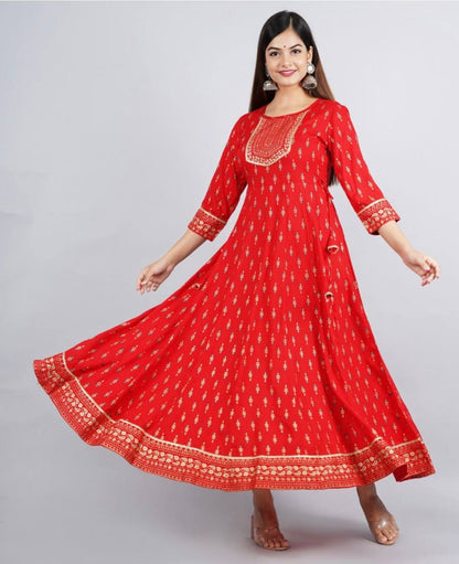 Reyon Gold Foil Printed Casual Wear Full Stiched Kurti