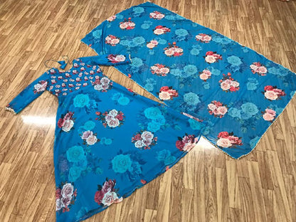 Latest Digital Flower Printed Full Stiched Gown With Moti Worked And Printed Beautiful Duppta