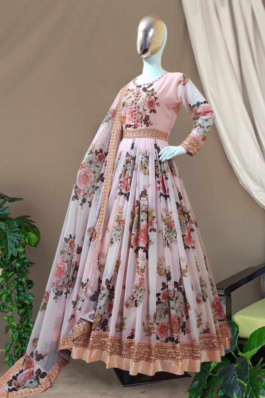 Amazing Digital Printed Georgette Full Stiched Gown With Beautiful Duppata