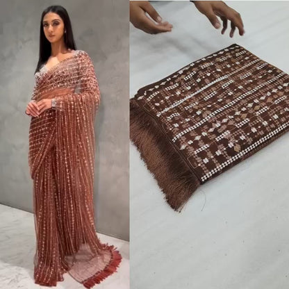 Glemorus Designer Sequence Worked Net Saree With Sequence Worked Blouse And Jalar