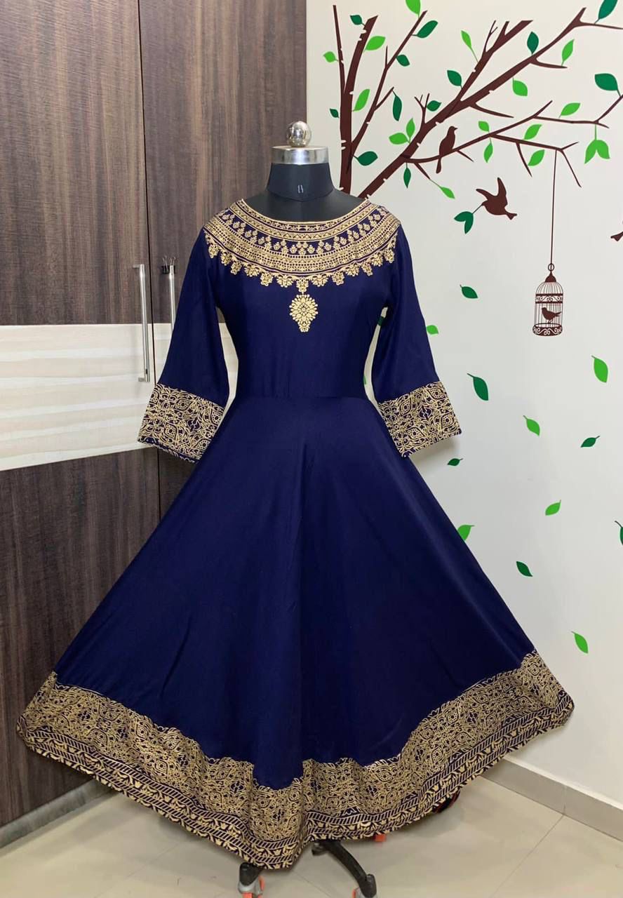 Designer Heavy Reyon Gold Foil Printed Full Stiched Long Kurti