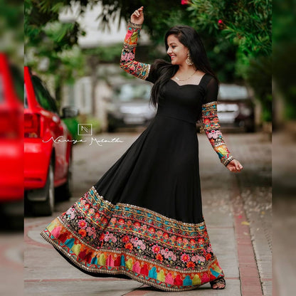 Black Colour Faux Georgette Multi Colour Thred Worked Full Stiched Gown