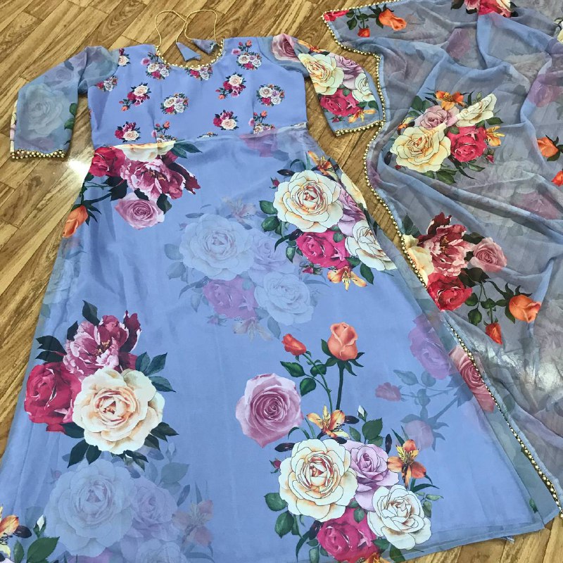 Latest Digital Flower Printed Full Stiched Gown With Moti Worked And Printed Beautiful Duppta
