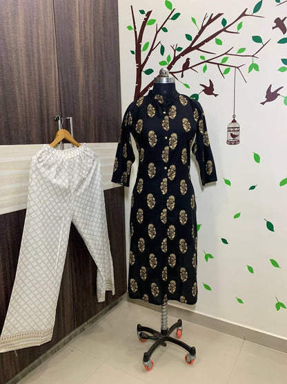 Heavy Reyon Beautiful Gold Printred Full Stiched Kurti Plazo