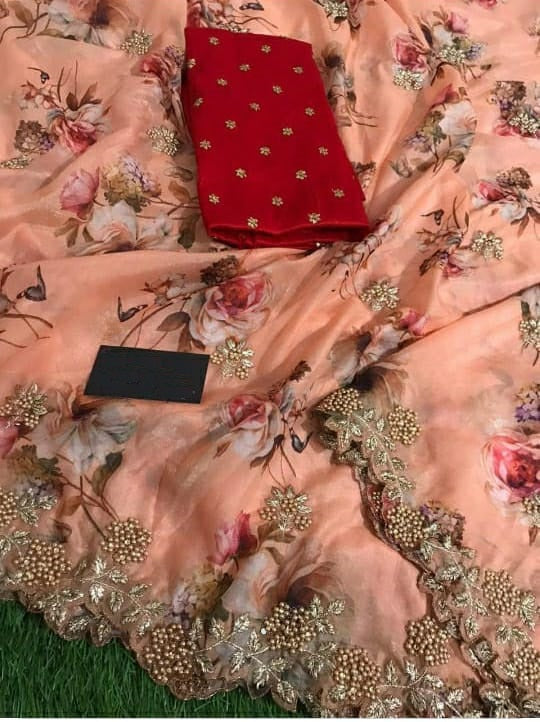 New Heavy Oranganza Silk Embroidary Worked C-pallu Digital Printed Saree With Satin Banglory Silk Blouse