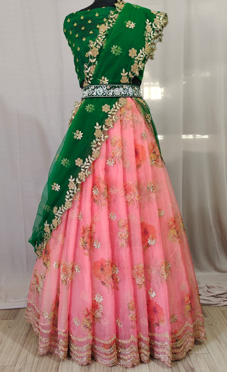 Beautiful Printed Organza Silk Embroidary And Stone Worked Half-Saree South Lehanga With Desinger Blouse And Duppta