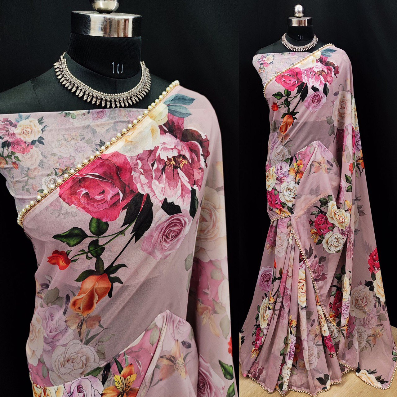 Flower Printed Georgette Moti Worked Lace Saree With Georgette Blouse