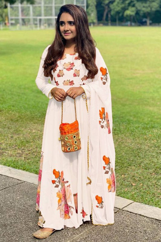 Latest Digital Flower Printed Full Stiched Gown With Moti Worked And Printed Beautiful Duppta