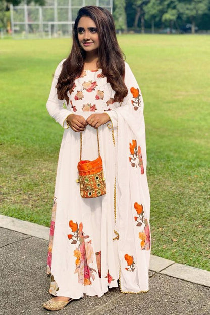 Latest Digital Flower Printed Full Stiched Gown With Moti Worked And Printed Beautiful Duppta