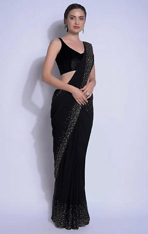 New Black Colour Georgette Hot Fix Daimond Worked Saree With Satin Silk Blouse