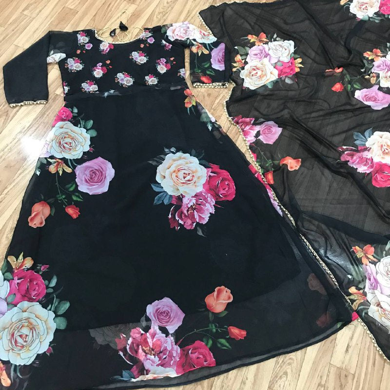 Latest Digital Flower Printed Full Stiched Gown With Moti Worked And Printed Beautiful Duppta