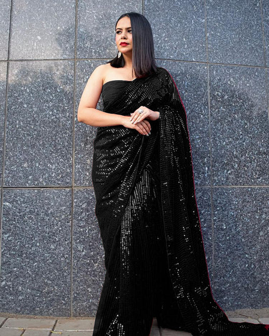 Glamorous Designer Sequence Party Wear Georgette Saree With Silk Blouse