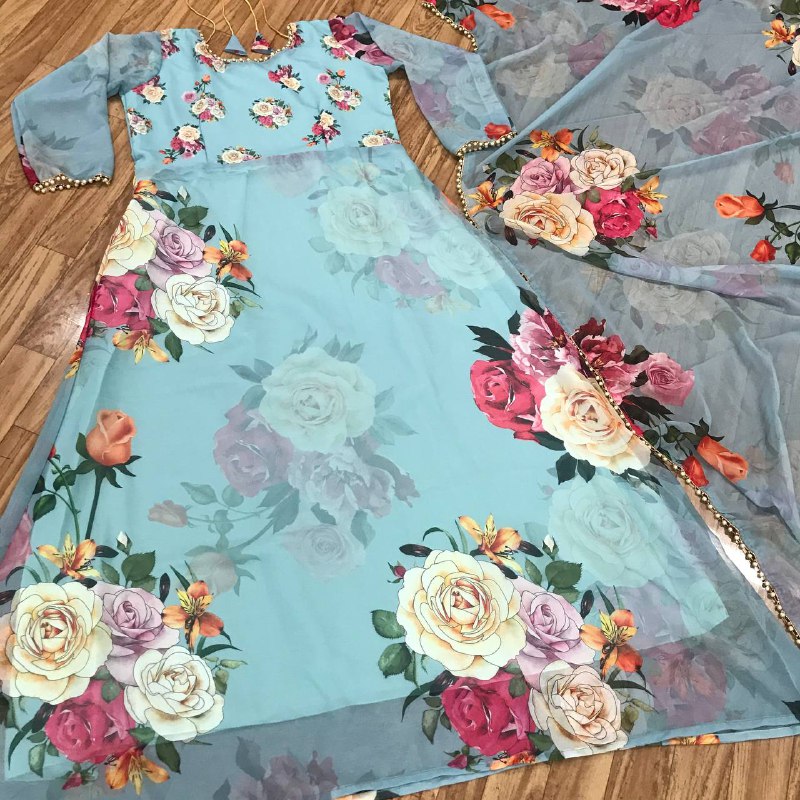 Latest Digital Flower Printed Full Stiched Gown With Moti Worked And Printed Beautiful Duppta