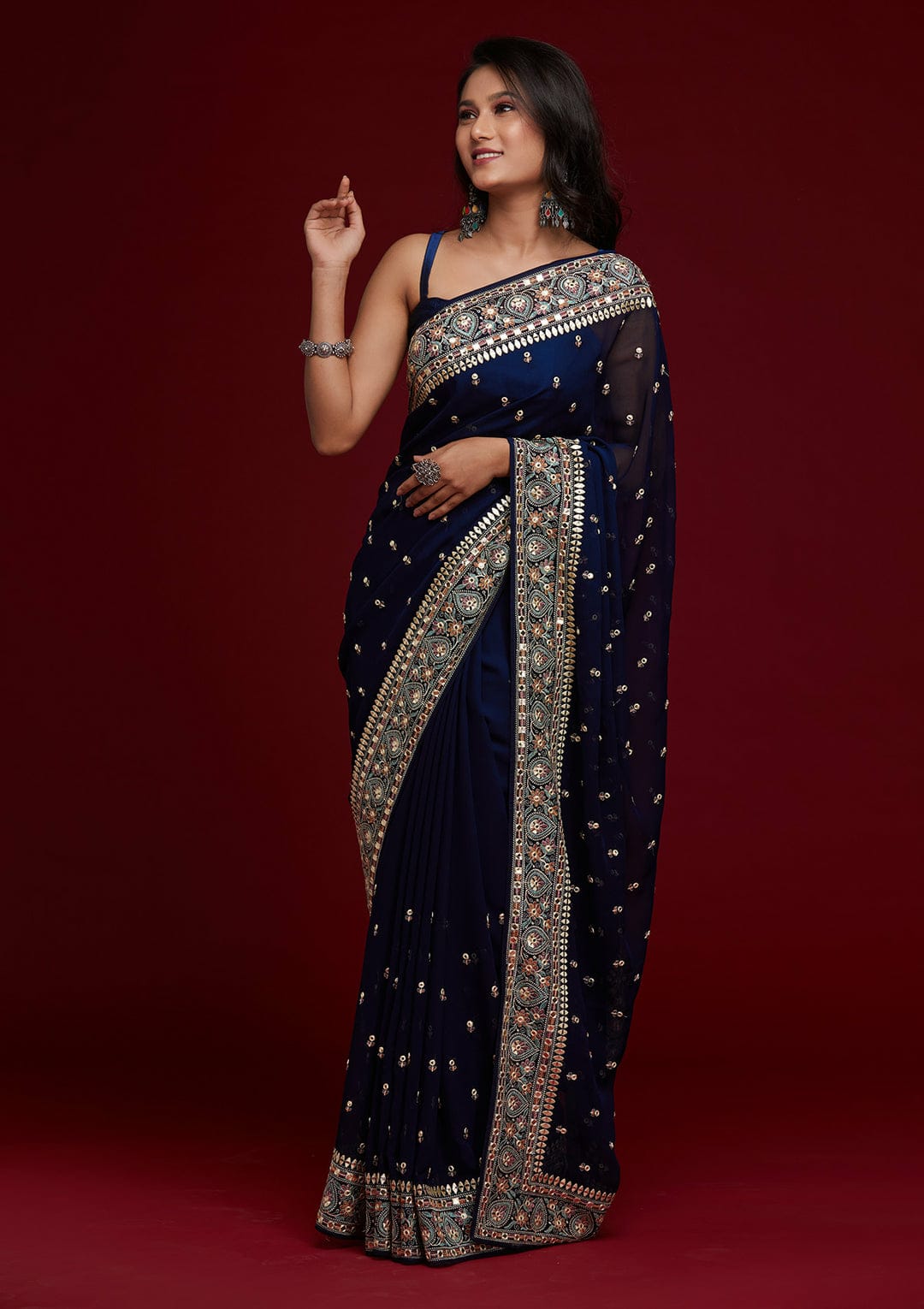 Wedding Wear Heavy Georgette Silk Embroidary And Foil Mirror Worked Saree With Border Piping Blouse