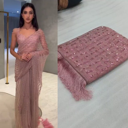 Glemorus Designer Sequence Worked Net Saree With Sequence Worked Blouse And Jalar