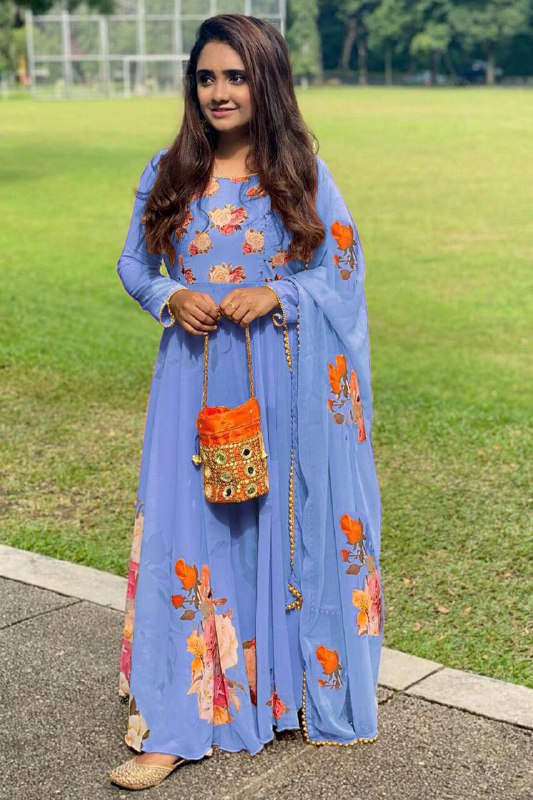 Latest Digital Flower Printed Full Stiched Gown With Moti Worked And Printed Beautiful Duppta