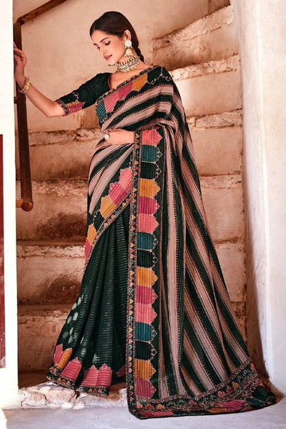 Stylish Embroidary And Sequence Worked Printed Saree With Beautiful Blouse