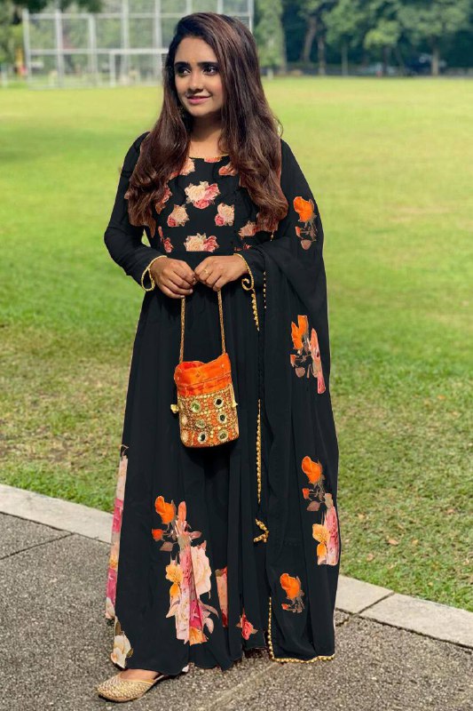 Latest Digital Flower Printed Full Stiched Gown With Moti Worked And Printed Beautiful Duppta