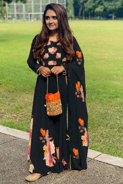 Latest Digital Flower Printed Full Stiched Gown With Moti Worked And Printed Beautiful Duppta