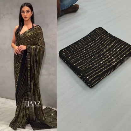 Glemorus Georgette Black Colour Saree With Gold Sequence Worked  And Designer Blouse