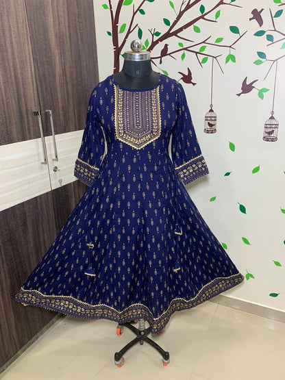 Reyon Gold Foil Printed Casual Wear Full Stiched Kurti