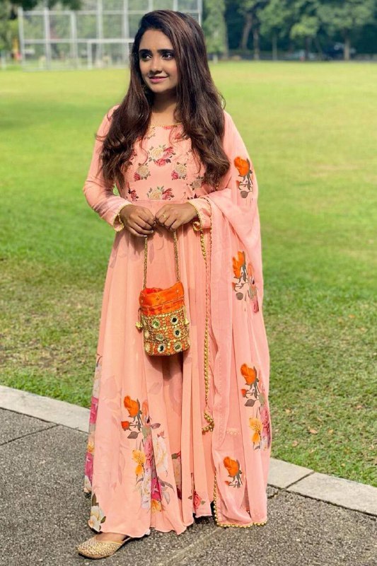 Latest Digital Flower Printed Full Stiched Gown With Moti Worked And Printed Beautiful Duppta