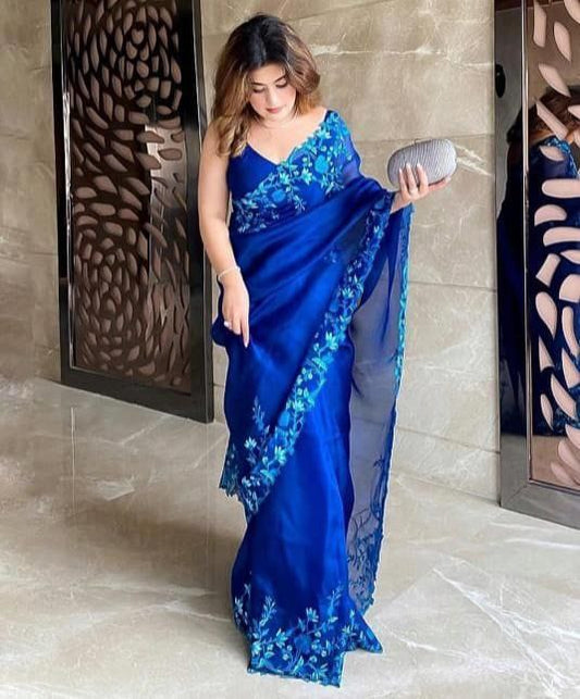 Party Wear Organza Silk Embroidary Worked Saree With Satin Banglori Blouse